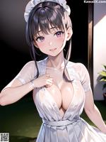 A woman in a white dress is posing for the camera.